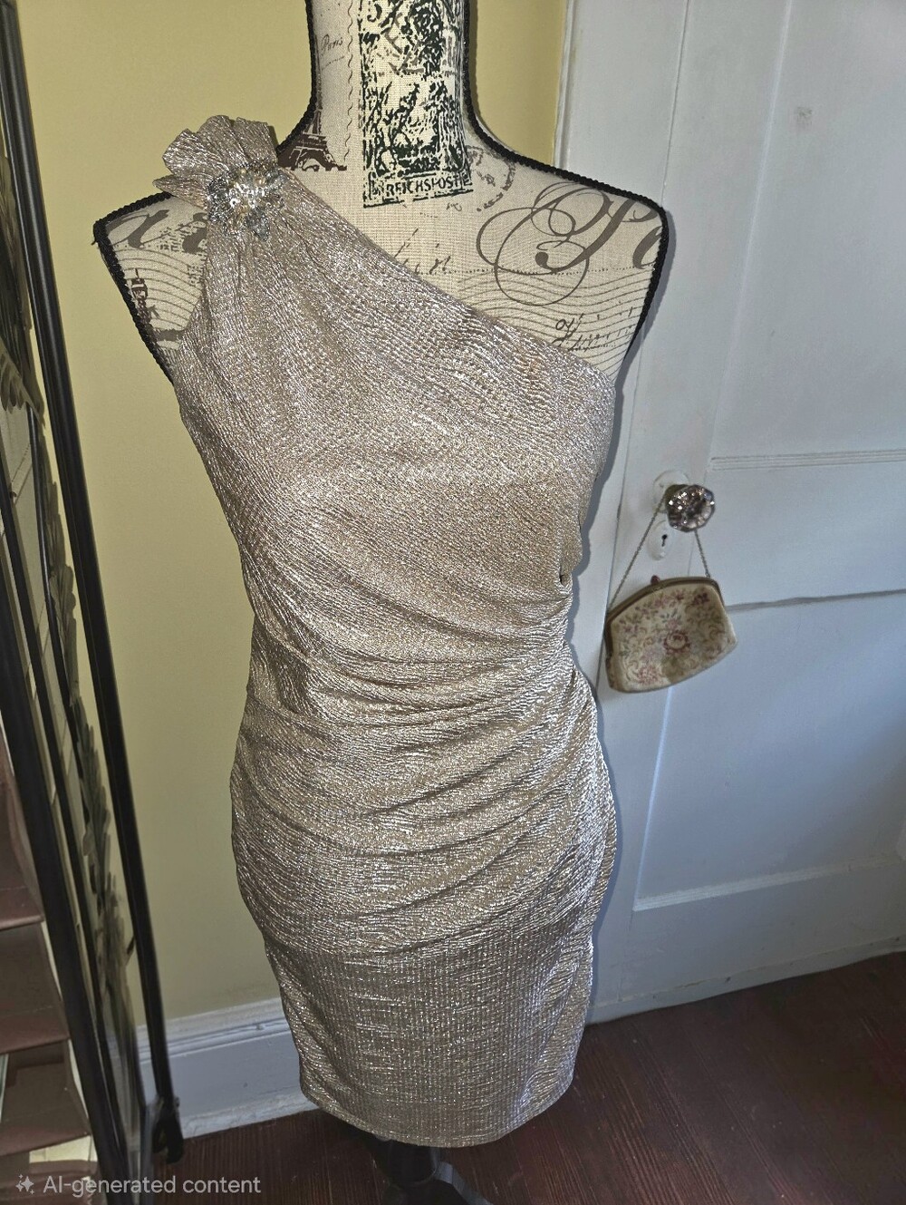 David Meister One-Shoulder Metallic Blush Cocktail Dress